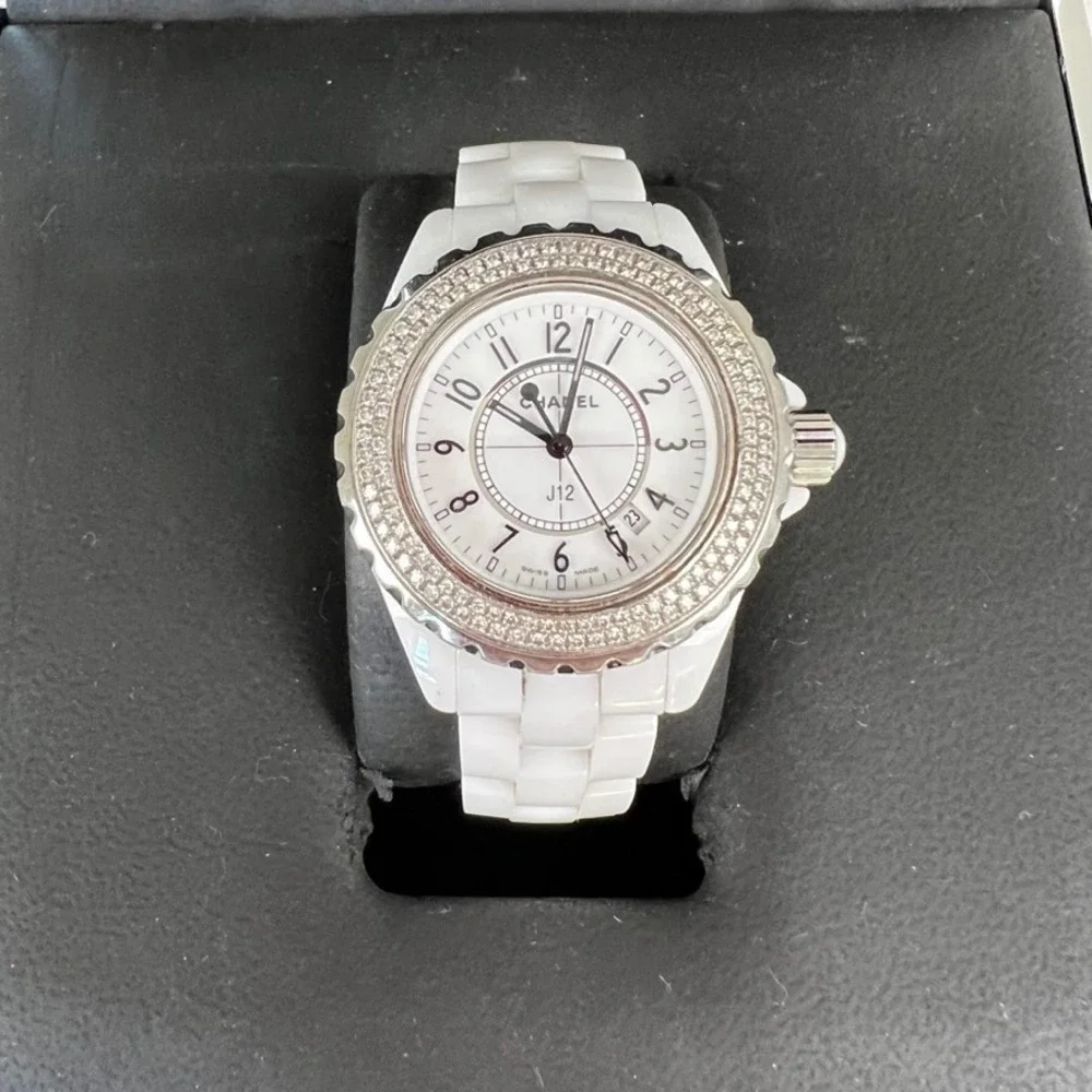 Chanel J12 White Ceramic Diamond Bezel Watch Swiss Made H0968 H0967